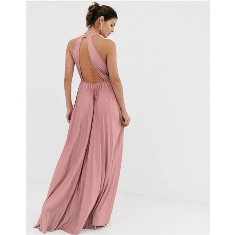 Asos Blush Pink Rose Pleated Halter Maxi Dress Gown Size 12 - Picture 2 of 9